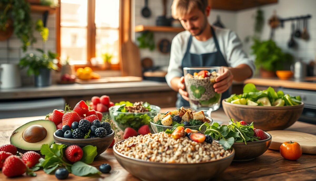 A beautifully lit, rustic kitchen scene with an assortment of mouthwatering vegan breakfast dishes. In the foreground, a wooden table showcases a variety of colorful plant-based ingredients - fresh berries, avocado, whole grains, and vibrant greens. In the middle ground, a skilled chef is carefully plating a nourishing smoothie bowl, adorned with chia seeds, nuts, and sliced fruit. The background features a cozy, sun-drenched window, casting a warm glow over the scene, conveying a sense of wholesome, gut-healing nourishment.
