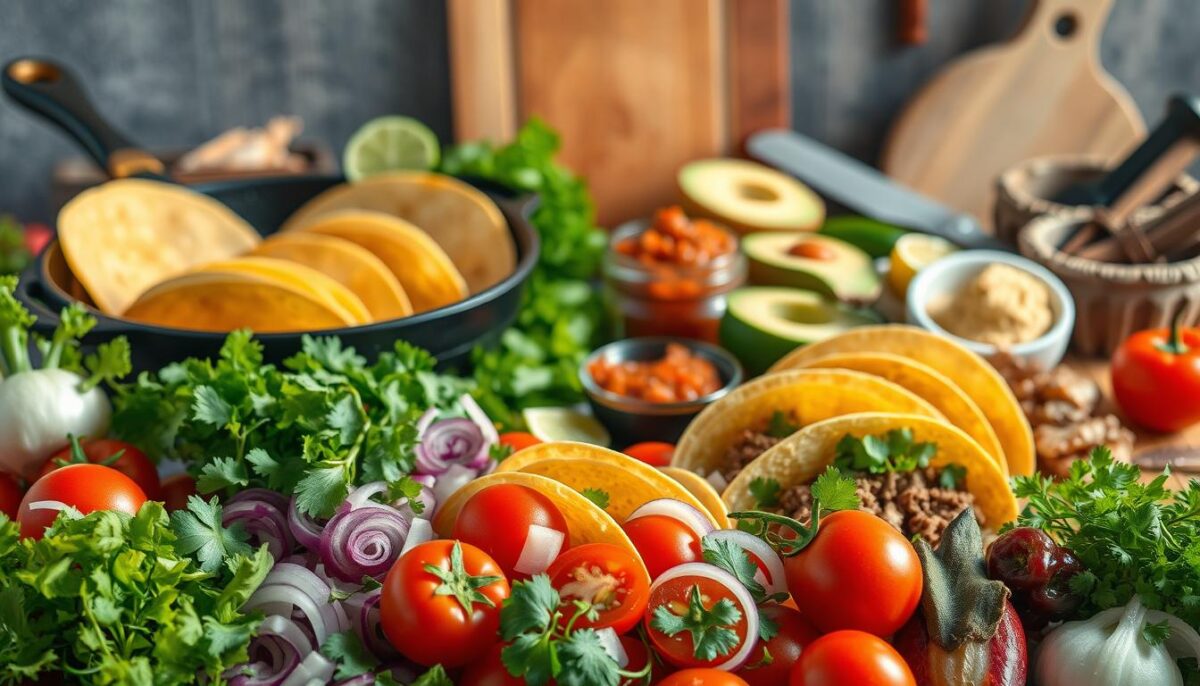 A bountiful arrangement of fresh taco ingredients and tools, capturing the essence of homemade Mexican cuisine. In the foreground, an assortment of vibrant vegetables - ripe tomatoes, crisp lettuce, fragrant cilantro, and sliced onions - neatly arranged. In the middle ground, a cast-iron skillet sizzles with warm, golden-brown taco shells, complemented by a selection of proteins like seasoned ground beef or shredded chicken. Alongside, a collection of condiments and garnishes, including zesty salsa, creamy avocado, and tangy lime wedges, invite culinary creativity. In the background, the tools of the trade - a sharp knife, a wooden cutting board, and a traditional molcajete mortar and pestle - stand ready to assist in the preparation of this authentic feast. The scene is bathed in warm, natural lighting, evoking the vibrant atmosphere of a lively Mexican kitchen. Prompt