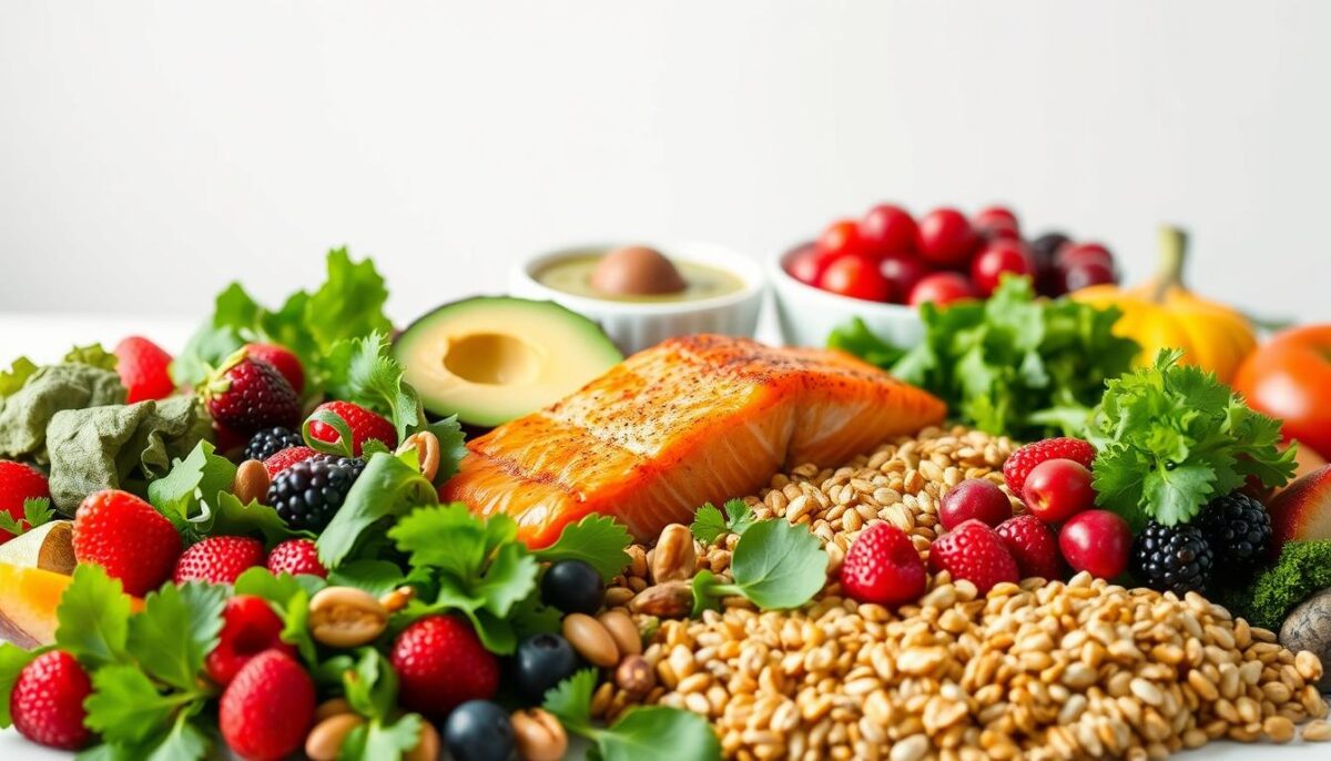 A bountiful spread of fresh, vibrant whole foods against a clean, minimalist background. In the foreground, an assortment of seasonal produce - crisp greens, juicy berries, crunchy nuts, and hearty grains. In the middle ground, a beautifully seared salmon fillet and a bowl of creamy avocado. The background is bathed in soft, natural lighting, highlighting the rich textures and vivid colors of the nourishing ingredients. The overall scene conveys a sense of balance, simplicity, and the pursuit of maximizing nutrition through whole, unprocessed foods.