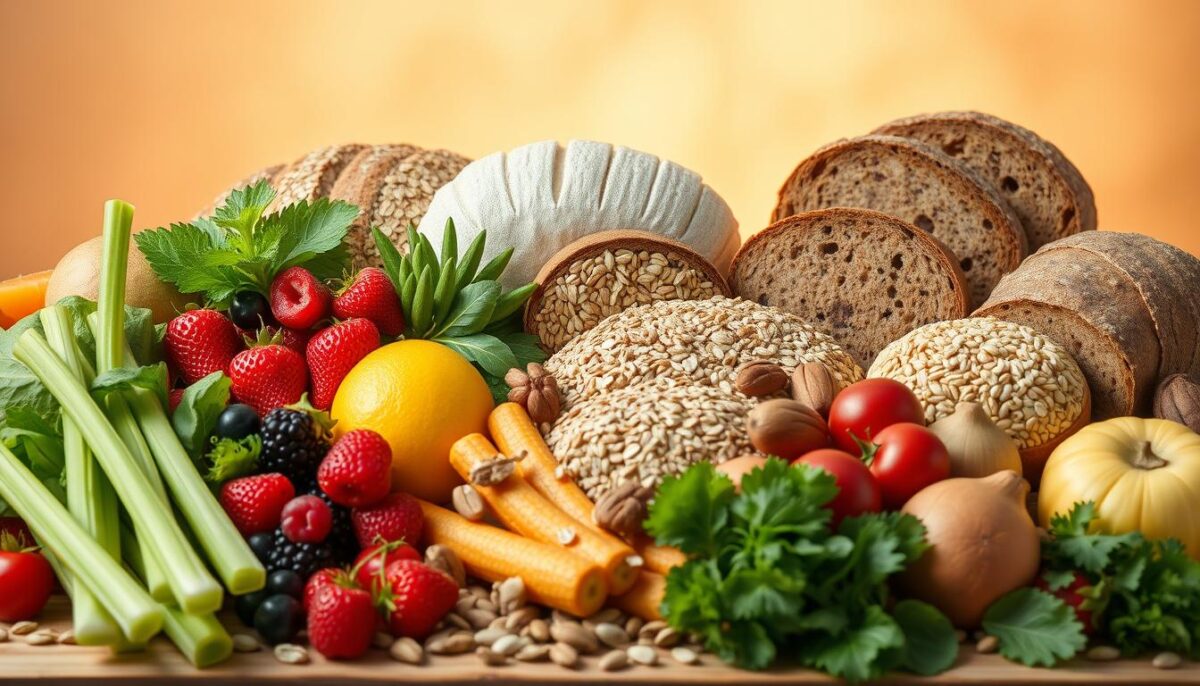 A bountiful still life featuring a vibrant array of fiber-rich foods set against a warm, softly lit background. In the foreground, an assortment of colorful fruits and vegetables, including crisp celery stalks, juicy berries, and leafy greens. In the middle ground, a variety of whole grain breads, hearty oats, and nutty brown rice. Complementing this, a selection of nuts and seeds scattered across the scene, adding texture and depth. The lighting is gentle, casting a natural glow that enhances the vibrant hues and appeals to the senses. The overall composition conveys a sense of health, nourishment, and the vital role of fiber in supporting long-term digestive wellbeing.