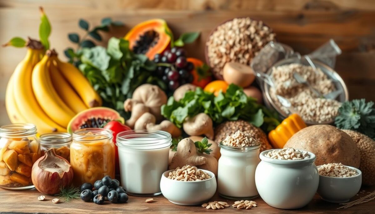 A bountiful still life of nourishing digestive health foods, captured in natural daylight. In the foreground, an array of probiotic-rich fermented foods like yogurt, kefir, and sauerkraut. In the middle ground, an assortment of fiber-rich fruits and vegetables - bananas, papaya, ginger, and leafy greens. The background features a selection of prebiotic-dense grains and legumes, such as oats, quinoa, and lentils. The lighting is soft and diffused, highlighting the vibrant colors and textures of these gut-supporting ingredients. The overall mood is one of wholesome abundance, inviting the viewer to explore the restorative power of these nourishing foods.
