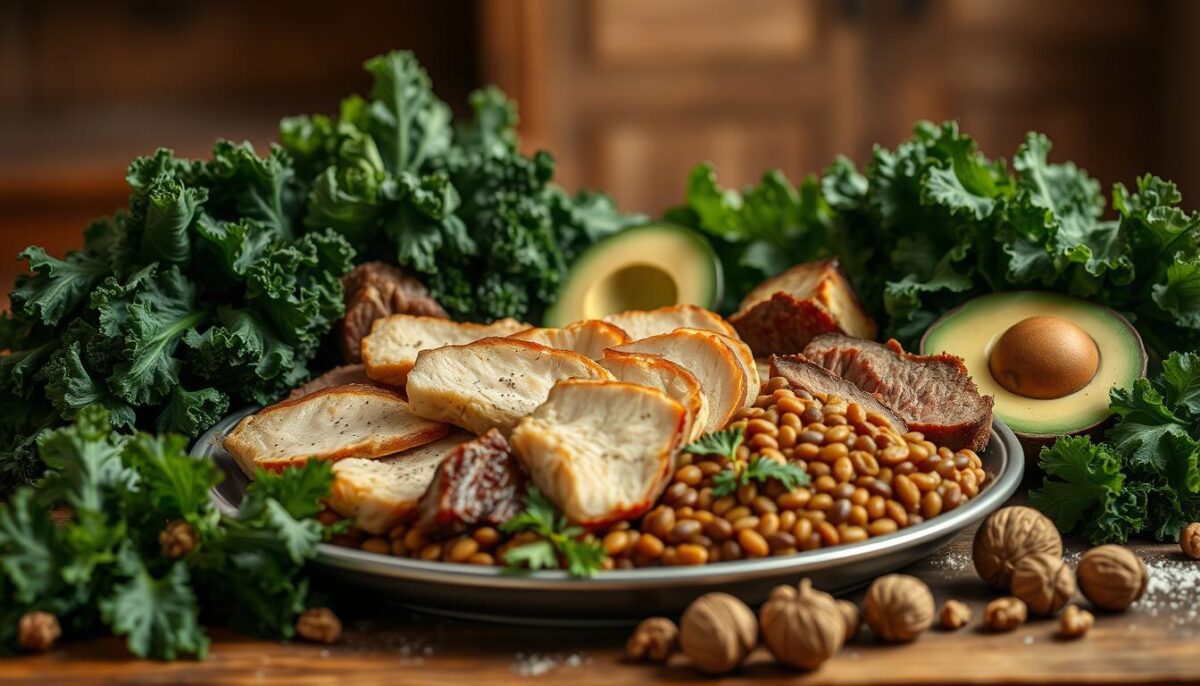 A breathtaking still life tableau showcasing a mouthwatering selection of protein-rich winter foods. In the foreground, a platter overflows with juicy free-range chicken breasts, tender slices of roast beef, and hearty lentils simmered in a savory broth. Surrounding this centerpiece are vibrant arrangements of leafy kale, creamy avocado slices, and crunchy walnuts. The soft, hazy lighting casts a cozy, inviting glow, while the blurred background hints at a rustic, farmhouse-inspired setting. This harmonious composition celebrates the nourishing power of these nutrient-dense ingredients, inspiring a sense of warmth and vitality.