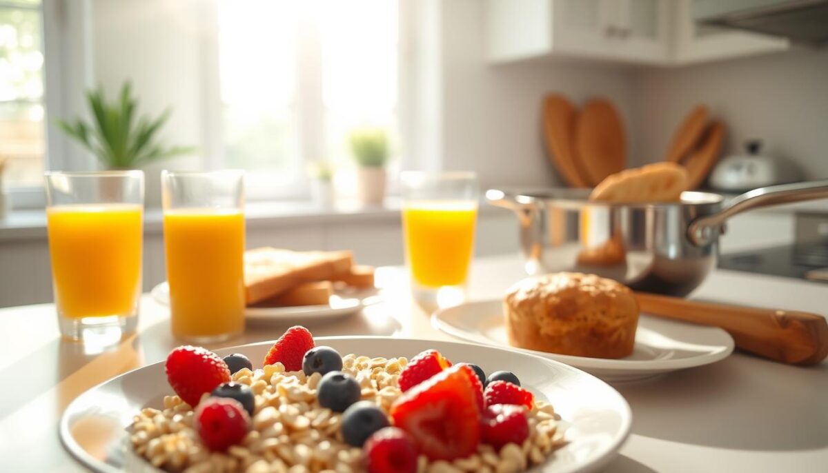 A bright, airy kitchen counter showcases a simple, budget-friendly breakfast spread. In the foreground, a plate features rolled oats, fresh berries, and a drizzle of honey. Beside it, a glass of fresh orange juice and a warm whole-grain muffin. In the middle ground, a small saucepan filled with simmering scrambled eggs and a plate of crisp whole-wheat toast. The background is softly lit, with sunlight streaming through large windows, casting a warm, comforting glow over the scene. The overall atmosphere is one of wholesome, nourishing ease - a delicious, affordable start to the day.