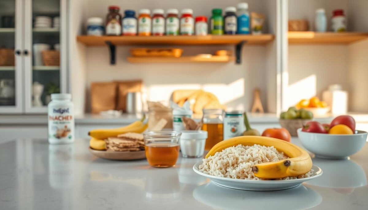 A bright, airy kitchen counter with a variety of wholesome recovery foods neatly arranged. In the foreground, a plate showcases a balanced BRAT diet meal - ripe bananas, steamed rice, applesauce, and herbal tea. The middle ground features various nutritious snacks like crackers, plain yogurt, and hydrating fruits. The background displays shelves stocked with natural electrolyte drinks, probiotics, and other gut-healing supplements. Warm, natural lighting bathes the scene, creating a calming, restorative atmosphere. The image conveys a sense of nourishment, simplicity, and intentionality in the recovery process.