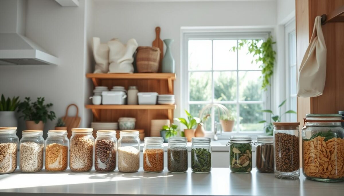 A bright, airy kitchen interior with an organized and sustainable food storage setup. In the foreground, glass jars and airtight containers filled with various grains, legumes, and dried herbs line the countertop, creating a visually appealing display. In the middle ground, wooden shelves hold reusable storage bags, beeswax wraps, and cloth produce bags, showcasing eco-friendly alternatives to plastic. The background features a large window overlooking a lush garden, bathing the scene in natural light and suggesting a connection to nature. The overall atmosphere is one of calm, order, and a commitment to mindful, sustainable living.
