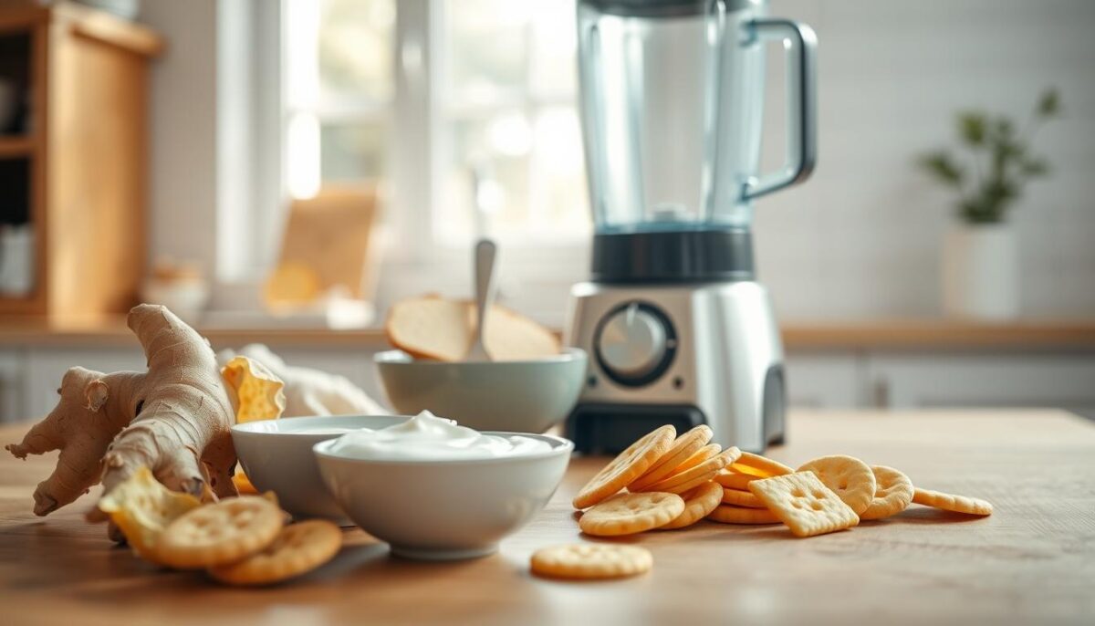 A bright, airy kitchen scene showcasing an assortment of stomach-friendly foods. In the foreground, a wooden table displays a selection of soothing ingredients: freshly peeled ginger, a bowl of plain yogurt, a slice of toasted white bread, and a handful of saltine crackers. In the middle ground, a blender stands ready to create a nourishing smoothie, its blades gently whirring. The background features a window flooding the space with soft, natural lighting, casting a warm glow over the scene. The overall atmosphere is calming and inviting, conveying the nourishing simplicity of these easily digestible foods.