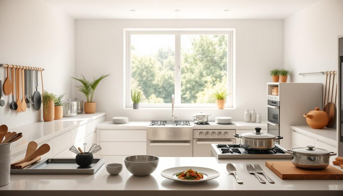 A bright, airy kitchen workspace with a sleek, minimalist design. In the foreground, a clean, organized countertop with various cooking utensils, neatly arranged in a visually appealing manner. In the middle ground, a set of modern, stainless steel appliances, their surfaces gleaming under the soft, diffused lighting. In the background, a large window overlooking a lush, verdant landscape, allowing natural light to flood the space and create a sense of tranquility. The entire scene conveys a sense of order, efficiency, and inspiration, perfectly suited for the task of plating and styling dishes for captivating food photography.