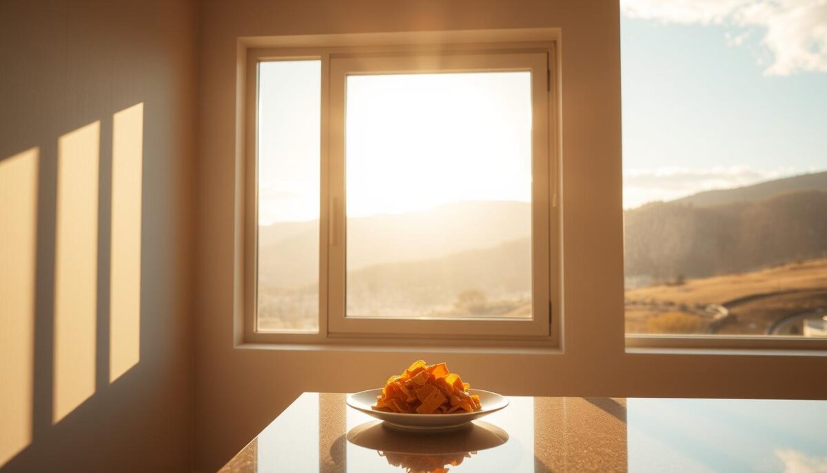 A bright, airy room with an expansive window overlooking a scenic vista. Warm, natural light filters through the glass, casting a soft, diffused glow across the scene. The window frame is nestled in a minimalist, neutral-toned interior, allowing the natural light to take center stage. A tabletop or surface is positioned near the window, providing an ideal setting for food photography. The angle showcases the dynamic interplay of light and shadow, highlighting the three-dimensional form and texture of the subject. Subtle reflections on the glass surface add depth and a sense of depth. The overall atmosphere is serene, calming, and conducive to creating beautiful, natural-looking food imagery.