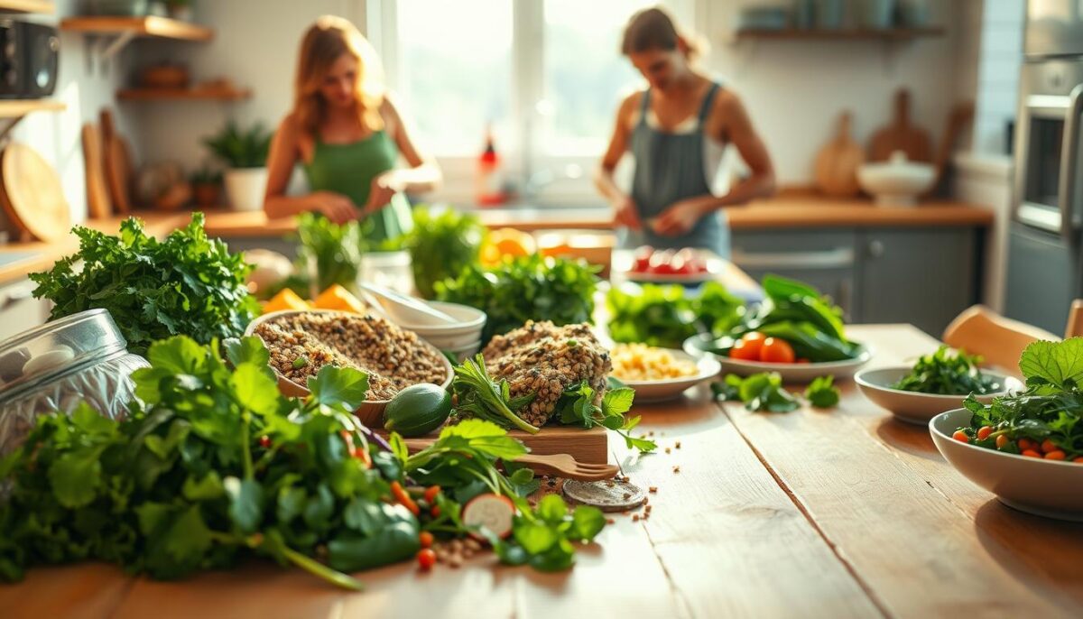 A bright and inviting kitchen scene, with a wooden table in the foreground showcasing a variety of fresh, whole food ingredients. In the middle ground, two people are preparing a delicious, nutrient-dense meal, chopping vegetables and mixing fragrant herbs. Warm, natural lighting floods the space, casting a soothing, comforting glow. On the table, an array of dishes featuring hearty grains, vibrant greens, and probiotic-rich foods. The overall atmosphere exudes a sense of renewal, vitality, and the joy of nourishing the body. A calming, restorative scene that perfectly captures the "Delicious and Simple Recipes for Digestive Renewal".