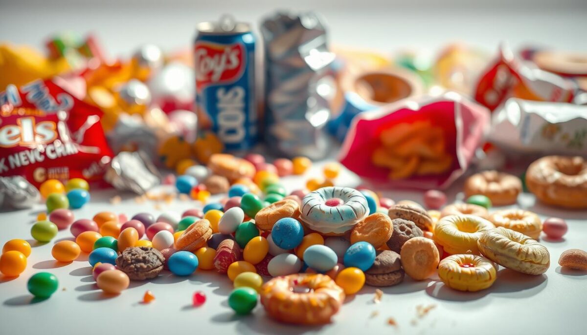 A bright, vibrant still life composition depicting a jumble of sugary, processed food items. In the foreground, a pile of colorful candies, donuts, and cookies spill out across a white tabletop, casting long shadows. Behind them, a half-empty soda can and a crumpled bag of chips sit amidst crumbs and wrappers. The middle ground features a blurry background of more unhealthy snacks and treats, creating a sense of excess and indulgence. The lighting is warm and slightly top-lit, emphasizing the glossy, tempting nature of the processed foods. The overall mood is one of indulgence and potential health risks, warning the viewer of the perils of consuming such items on an empty stomach.