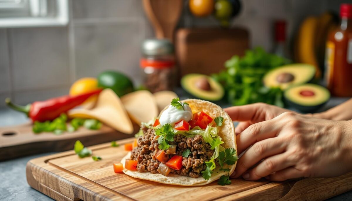 A brightly lit kitchen counter, with a wooden cutting board and a variety of taco ingredients artfully arranged. In the foreground, hands carefully assemble a taco, layering seasoned ground beef, diced tomatoes, shredded lettuce, and a generous dollop of sour cream. In the middle ground, additional taco components, such as crisp taco shells, sliced avocado, and freshly chopped cilantro, are displayed. The background showcases a vibrant, out-of-focus tableau of taco-themed props, including a fiery red chili pepper, a lime wedge, and a bottle of hot sauce. The scene is captured with a shallow depth of field, emphasizing the focus on the taco assembly process and creating a mouthwatering, appetizing atmosphere.