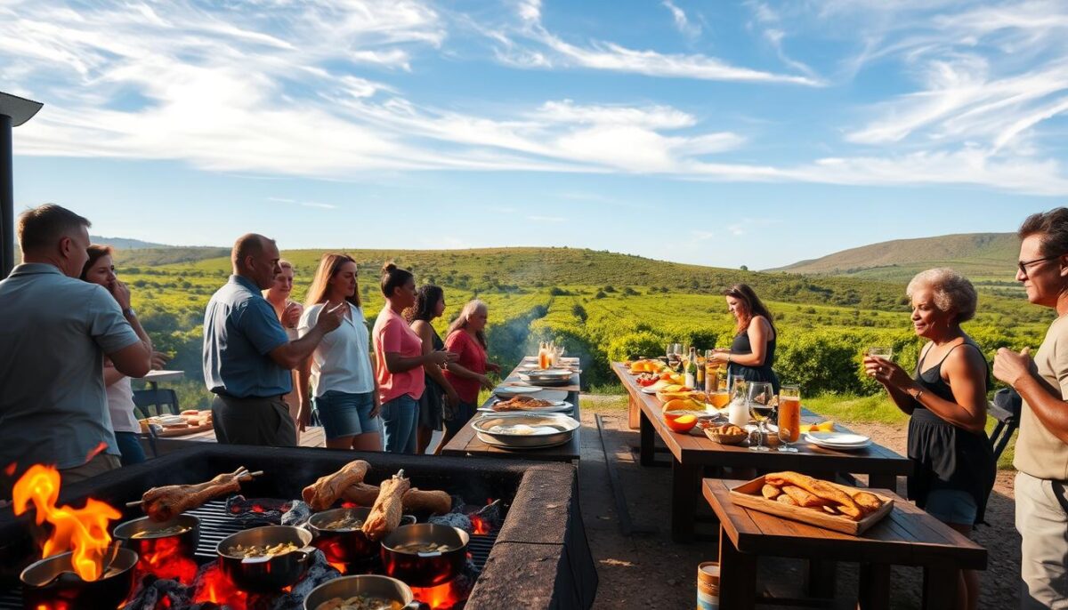 A bustling outdoor gathering, the warm glow of charcoal flames illuminating a well-worn grill. In the foreground, an array of succulent meats sizzle, their smoky aromas wafting through the air. Gathered around, a group of friends and family engage in lively conversation, their faces aglow in the dancing firelight. The middle ground features a long wooden table laden with an array of side dishes and refreshments, reflecting the spirit of community and abundance. In the background, a lush verdant landscape frames the scene, with a clear blue sky overhead dotted with wispy clouds. The overall mood is one of celebration, camaraderie, and the rich cultural heritage of the South African braai tradition.