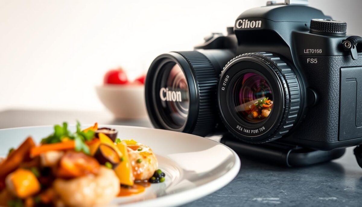 A carefully composed food photography scene with a professional-grade camera in manual mode. In the foreground, an artfully arranged plate of gourmet dish, with natural lighting highlighting the intricate textures and vibrant colors. In the middle ground, a high-quality DSLR camera with a macro lens, its settings dialed in for optimal depth of field and exposure. In the background, a clean, neutral backdrop that allows the subject to take center stage. The overall mood is one of culinary mastery, with a focus on the technical precision required to capture mouthwatering food photography.