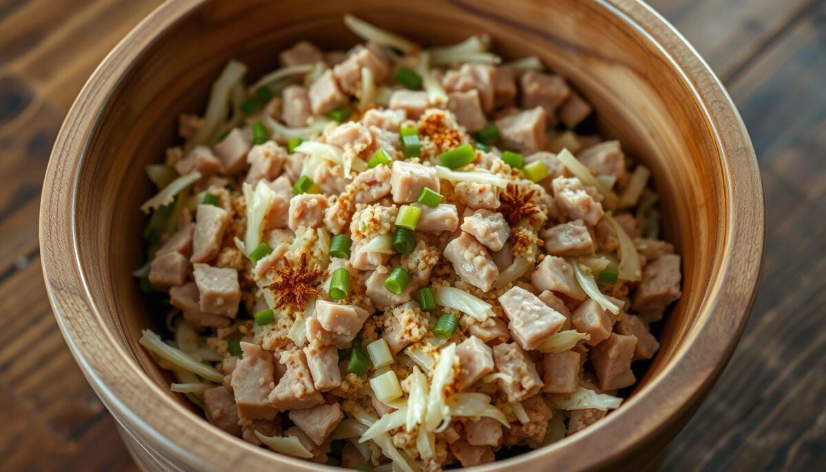 A close-up, detailed shot of a homemade dumpling filling mixture in a large wooden bowl. The bowl is set on a rustic wooden table or surface, with a soft, natural lighting illuminating the contents. The filling is a vibrant blend of finely chopped pork, shredded cabbage, minced garlic, ginger, scallions, and a variety of aromatic spices. The mixture has a moist, cohesive texture, ready to be wrapped in delicate dough and steamed to perfection. The overall scene conveys the inviting aromas and flavors of a traditional Chinese dumpling filling, capturing the essence of the "Preparing a Flavorful Filling Mixture" section.