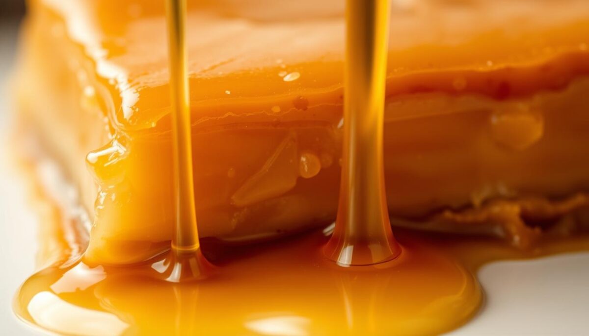 A close-up photograph of a thick, golden baklava syrup glistening under warm, soft lighting. The syrup has a smooth, velvety texture, slowly dripping and pooling at the bottom of the frame. The focus is sharply on the rich, honeyed syrup, creating a shallow depth of field that blurs the background. The lighting casts gentle shadows, highlighting the viscous, flowing nature of the syrup. The overall mood is one of indulgence and culinary mastery, inviting the viewer to savor the sweetness and attention to detail that goes into crafting traditional Turkish baklava.