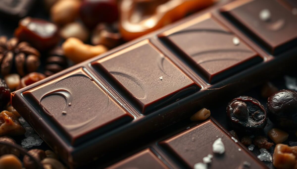 A close-up shot of a dark chocolate bar, its rich, bittersweet aroma filling the frame. The surface is a deep, glossy brown, with delicate swirls and patterns that hint at the indulgent texture within. Surrounding the chocolate are a variety of decadent ingredients - chopped nuts, dried cherries, a drizzle of caramel, and a sprinkling of sea salt. The lighting is soft and warm, creating a cozy, inviting atmosphere. The depth of field is shallow, focusing the viewer's attention on the tempting details of the chocolate-based treats. This image captures the essence of a "Chocolate Lover's Guiltless Indulgence" - a healthier, yet still indulgent, take on classic dark chocolate desserts.