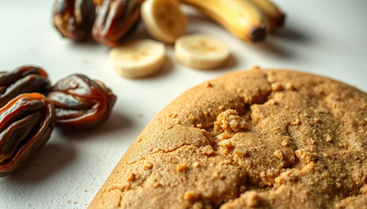 A close-up shot of a surface with a natural, matte texture, showcasing the moisture and crumbly, almost granular quality of sugar-free baking ingredients. The foreground should feature a visually appealing arrangement of dates, banana slices, and other whole, unprocessed natural sweeteners, illuminated by soft, diffused lighting from the side. The middle ground should capture the intricate details of the textured surface, perhaps with a subtle gradient or uneven finish to mimic the handcrafted nature of the baked goods. The background should be minimalist and clean, allowing the focus to remain on the tactile qualities of the ingredients. Overall, the image should convey a sense of wholesome, rustic simplicity, inviting the viewer to experience the satisfying mouthfeel and natural sweetness of sugar-free baking.