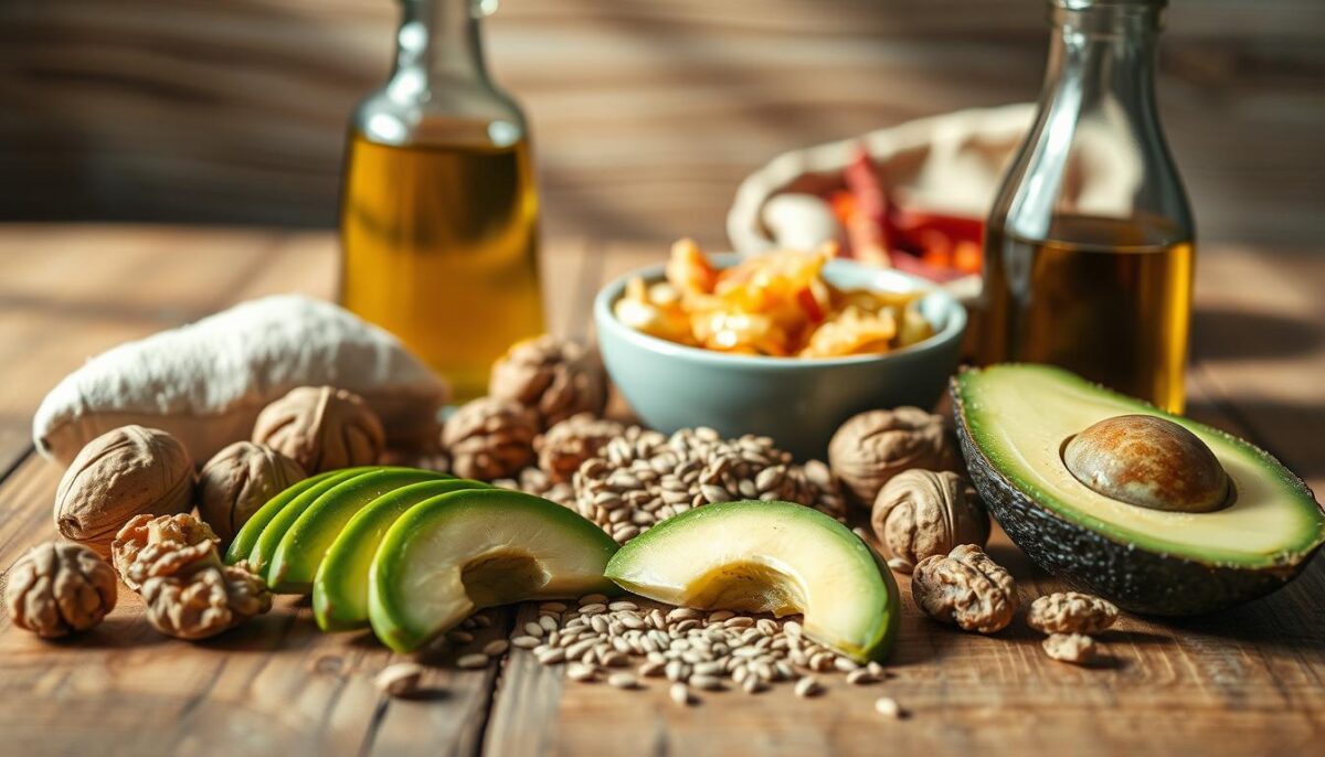 A close-up still life photograph of an arrangement of nutrient-dense, anti-inflammatory foods for gut health. In the foreground, a variety of whole, unprocessed fats laid out on a rustic wooden table: avocado slices, walnuts, flaxseeds, and extra virgin olive oil in a glass bottle. In the middle ground, a small bowl of fermented vegetables like sauerkraut or kimchi. The lighting is natural, soft, and diffused, casting gentle shadows. The overall mood is calm, earthy, and inviting, highlighting the health benefits of these nourishing ingredients.