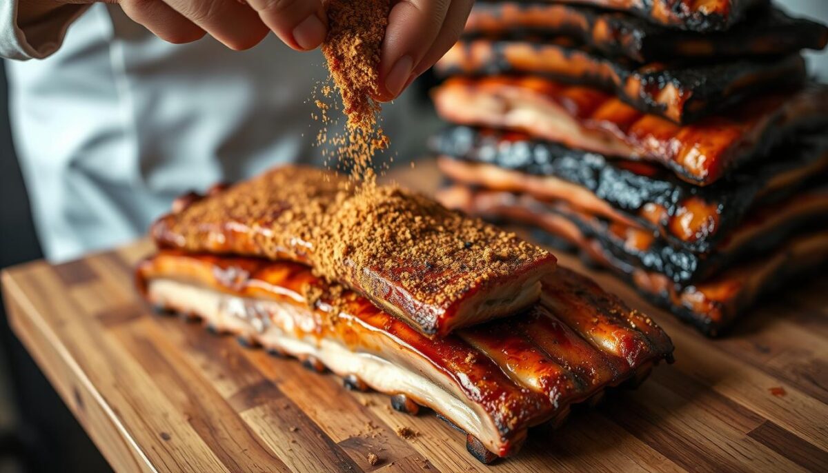A close-up view of a chef's hands carefully seasoning a rack of slow-cooked pork ribs with a savory dry rub, the spices cascading over the tender, glistening meat. In the background, a rustic wooden table holds a stack of freshly grilled ribs, their caramelized edges glistening under the warm, soft lighting. The scene conveys the care and attention to detail required to achieve the perfect slow-cooked ribs, ready to be served as the centerpiece of an authentic American barbecue feast.