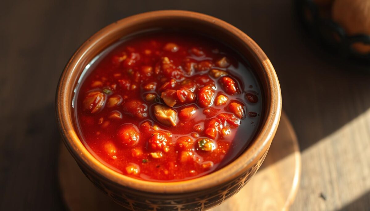 A close-up view of a traditional Indonesian peanut sambal sauce, presented in an earthenware bowl. The sambal is a vibrant crimson red, with coarse-ground peanuts, chilies, shallots, garlic, and a hint of palm sugar. The lighting is warm and natural, casting a soft glow on the scene. The bowl is placed on a rustic wooden surface, with a neutral background that emphasizes the vivid colors and textures of the sambal. The overall mood is inviting and authentic, capturing the essence of this essential Indonesian condiment.