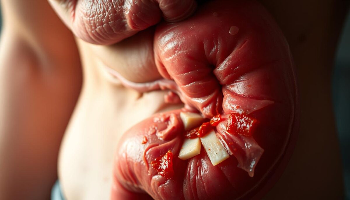 A close-up view of an upset human stomach, with visible inflammation and irritation. The stomach lining appears reddened and raw, contrasted against a hazy, out-of-focus background. Hints of spicy and dairy foods can be seen in the foreground, partially digested and causing distress. The lighting is soft and diffused, creating a sense of discomfort and unease. The camera angle is slightly tilted, emphasizing the internal distress. The overall tone is one of digestive discomfort and the consequences of consuming the wrong foods on an empty stomach.