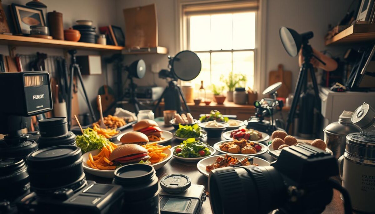 A cluttered kitchen workspace bustling with food photography experiments. In the foreground, an array of manual camera settings and accessories - lenses, aperture rings, and a vintage flash unit. In the middle, an assortment of vibrant, freshly prepared dishes - juicy burgers, glistening salads, and decadent desserts. Soft, directional lighting from a large window bathes the scene in a warm, natural glow, casting dramatic shadows and highlights. The background features a mismatch of tripods, reflectors, and diffusion panels, conveying a sense of hands-on, exploratory process. The overall atmosphere is one of creative discovery, as the photographer fine-tunes each element to achieve the perfect mouthwatering shot.