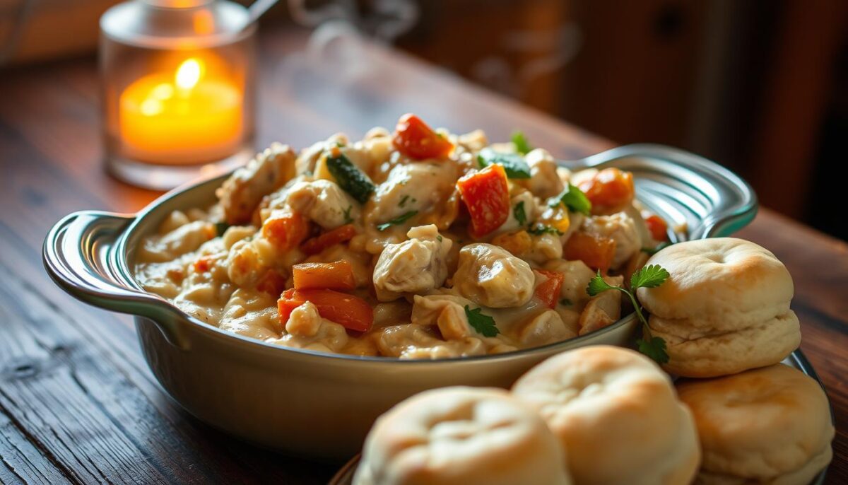 A comforting homemade casserole, brimming with tender chicken, hearty vegetables, and a creamy sauce, sitting on a rustic wooden table. Soft, fluffy biscuits or dumplings nestle beside the dish, steam gently rising. Warm ambient lighting casts a cozy glow, inviting the viewer to savor the wholesome, nourishing meal. The scene exudes an atmosphere of comfort and care, perfect for soothing an ailing body and soul. A visually appetizing representation of the "Homemade Comfort Foods" section, capturing the essence of homemade casserole recipes.