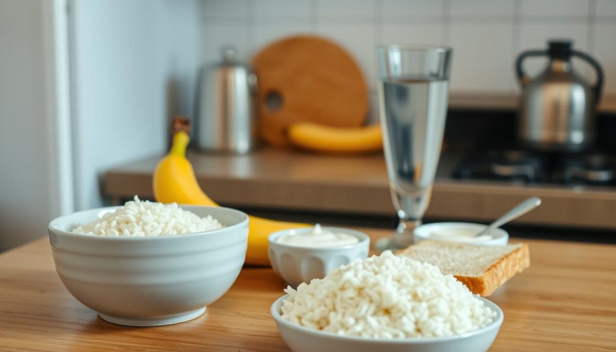 A cozy kitchen counter with a variety of gentle, soothing foods arranged neatly. In the foreground, a bowl of plain white rice, a ripe banana, and a slice of toasted white bread. In the middle ground, a glass of clear electrolyte-rich liquid and a small dish of plain, unsweetened yogurt. The background features a harmonious blend of soft lighting, natural textures, and a sense of comfort and simplicity. The overall atmosphere is calming, inviting, and conducive to an upset stomach's recovery.