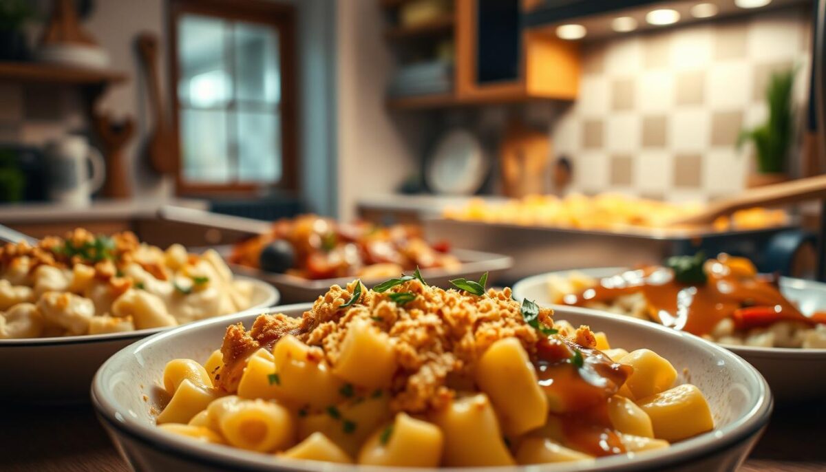 A cozy kitchen filled with an array of modern comfort food dishes. In the foreground, a steaming bowl of creamy mac and cheese, topped with crispy breadcrumbs and fresh herbs. In the middle ground, a platter of fluffy mashed potatoes, drizzled with savory gravy and adorned with roasted vegetables. In the background, a bountiful casserole dish, its golden crust beckoning to be sliced. Warm, ambient lighting casts a soft glow, creating an inviting and comforting atmosphere. The scene is captured with a wide-angle lens, showcasing the harmonious blend of classic and contemporary culinary delights.