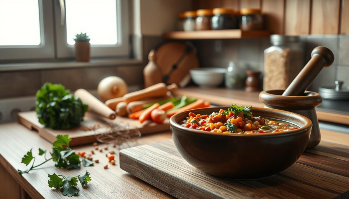 A cozy kitchen interior with a nutritious meal preparation scene. In the foreground, a dietitian-approved winter dish - a hearty soup or stew with wholesome ingredients like root vegetables, lentils, and warming spices. Midground, a cutting board with fresh produce such as kale, carrots, and onions, along with a mortar and pestle for grinding herbs and spices. The background features a warm, earthy color palette, with wooden shelves displaying jars of healthy pantry staples. Soft, natural lighting creates a comforting ambiance, while a steam-filled window suggests the chilly outdoors. The overall scene conveys nourishing winter nutrition strategies through a welcoming, homely kitchen setting.
