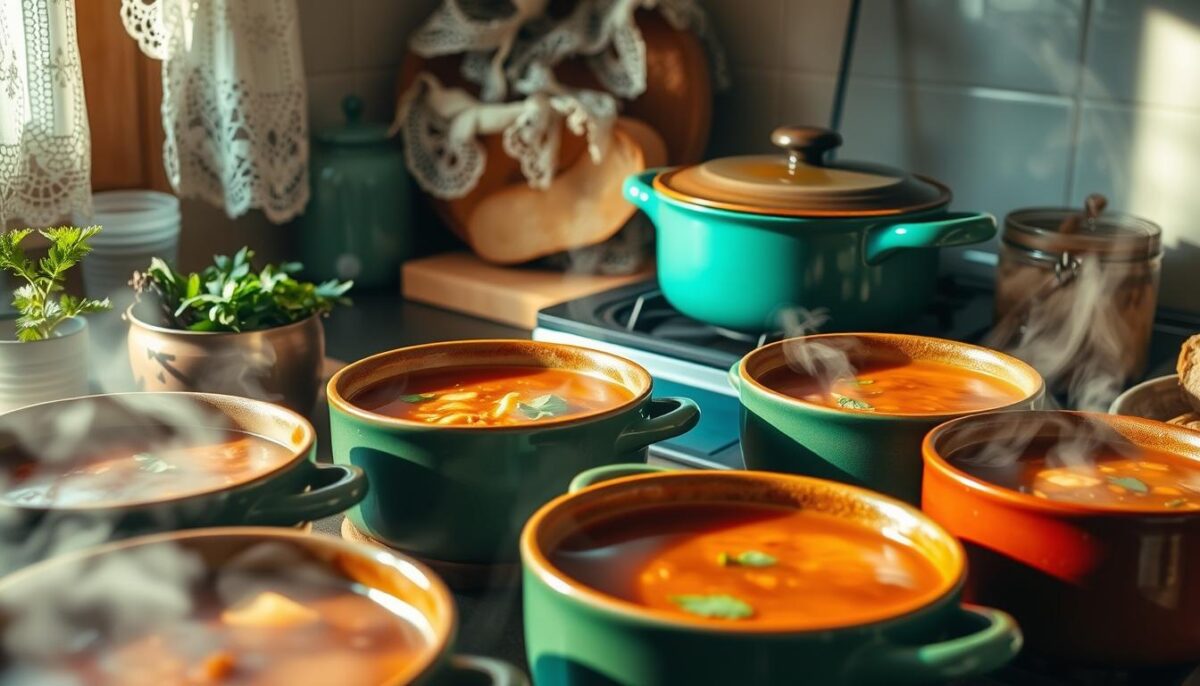 A cozy kitchen scene filled with simmering pots of hearty soups and broths. Plumes of steam rise from ceramic bowls, their deep hues of amber, crimson, and emerald reflecting the warm lighting. Fresh herbs, crusty bread, and a vintage teal dutch oven on the stove create a homey, inviting atmosphere. Soft natural light filters through lace curtains, casting a gentle glow over the scene. The overall mood is one of comfort, nourishment, and simple pleasures - a haven from the chill outside, drawing you in to savor each spoonful.