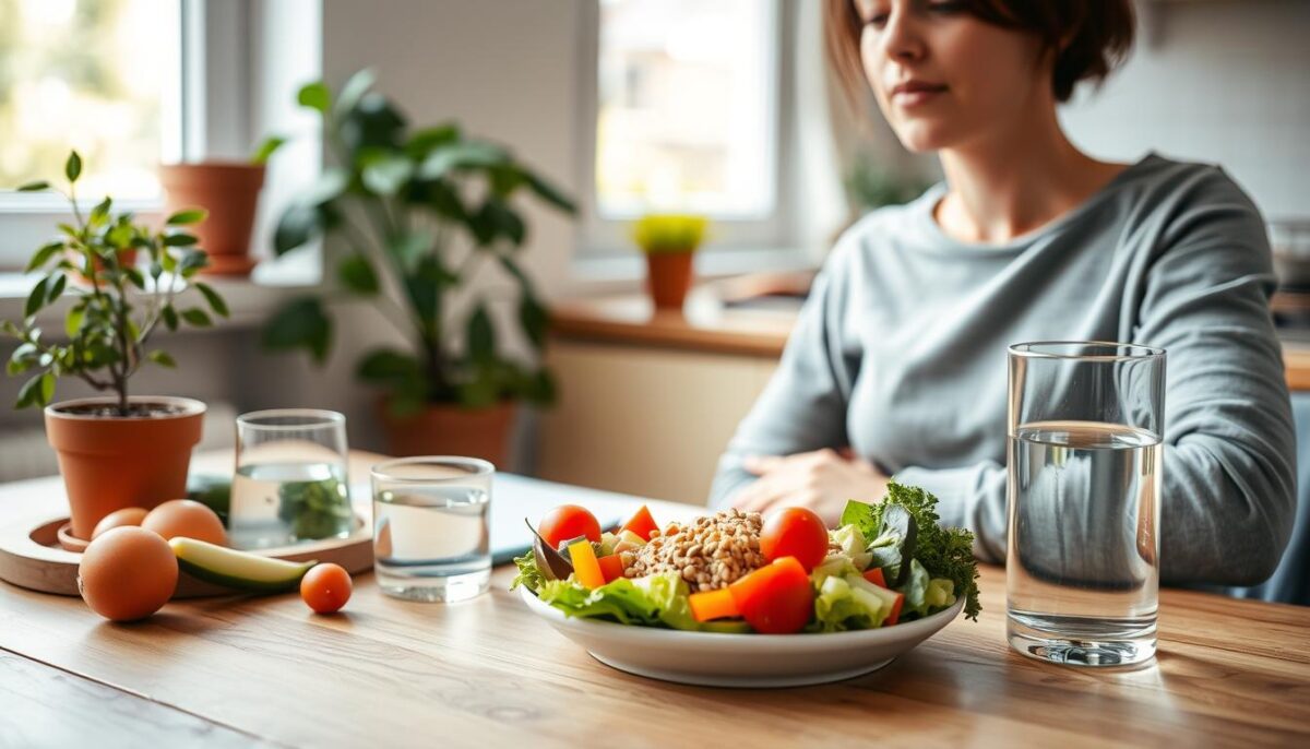 A cozy kitchen scene of a person preparing a healthy meal, with a plate of fresh, colorful vegetables, whole grains, and a glass of water on a wooden table. A potted plant and natural lighting from a window in the background create a calming, vibrant atmosphere. The person's relaxed posture and focused expression convey a sense of mindfulness and intentionality around their digestive well-being. The image has a warm, inviting tone that suggests the lifestyle changes depicted can enhance overall digestive comfort.