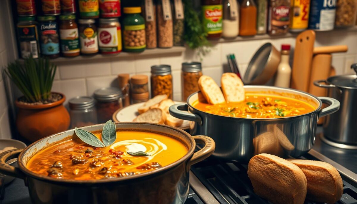 A cozy kitchen scene showcasing an array of comfort soups and stews simmering on the stovetop. In the foreground, a large, rustic pot filled with a hearty beef stew, its rich broth bubbling gently. Beside it, a creamy butternut squash soup, garnished with a swirl of crème fraîche and crispy fried sage leaves. In the middle ground, a Dutch oven brimming with a thick, tomato-based minestrone, surrounded by freshly baked crusty bread. The background features neatly organized pantry shelves stocked with various canned goods, dried herbs, and spices, casting a warm, inviting glow under soft, diffused lighting. The overall atmosphere evokes a sense of comfort, nourishment, and the joy of simple, homemade meals.