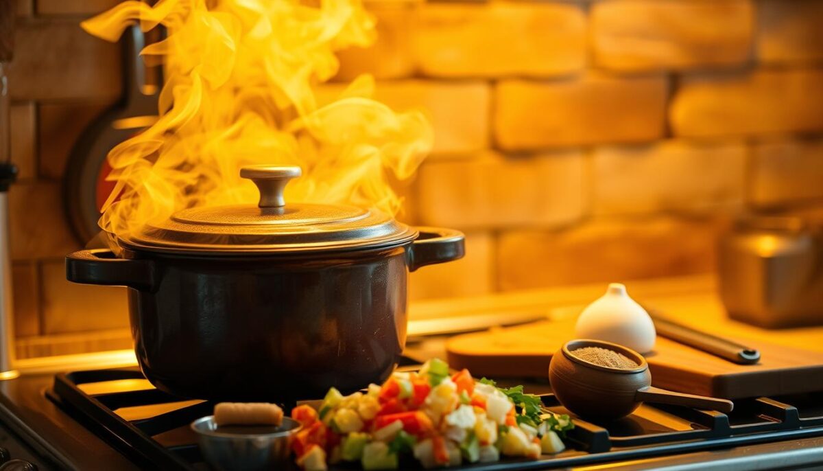 A cozy kitchen setting featuring a rustic dutch oven on the stovetop, steam rising from its lid. The pot is positioned in the foreground, bathed in warm, golden lighting that casts a comforting glow. In the middle ground, chopped vegetables and seasonings are neatly arranged, ready to be added to the slow-simmering dish. The background depicts a brick or stone wall, hinting at the traditional, homemade nature of the cooking process. The overall atmosphere is one of authentic, hearty and time-honored culinary tradition.