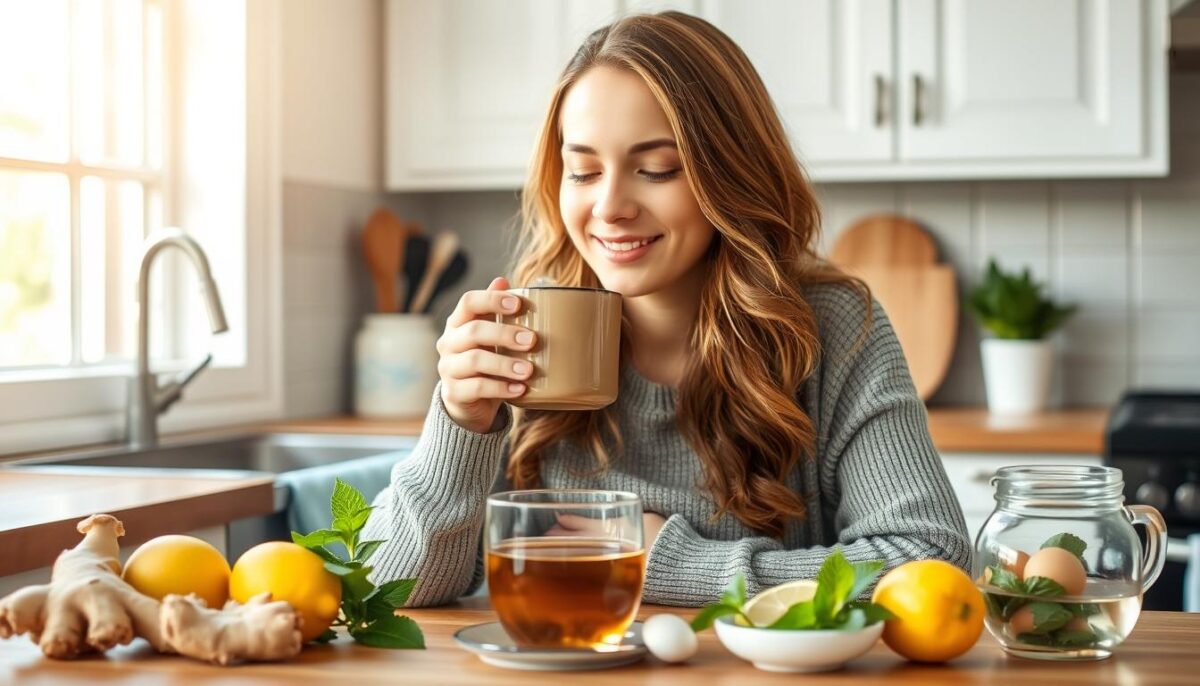 A cozy kitchen setting with a woman sipping a mug of herbal tea, surrounded by natural ingredients like ginger, lemon, and peppermint. Soft natural lighting streams through the window, casting a warm glow on the scene. The woman's expression is one of calm and relief, as she finds natural ways to soothe her morning sickness. The atmosphere is serene and comforting, with the kitchen counter displaying a variety of soothing, nausea-reducing foods and remedies.