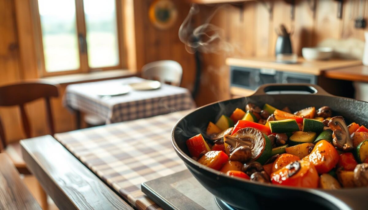 A cozy one-pan dinner scene with a rustic, homemade aesthetic. In the foreground, a cast-iron skillet sizzles with a hearty blend of roasted vegetables - vibrant bell peppers, tender zucchini, and earthy mushrooms. Wisps of steam rise, hinting at the savory aromas. The middle ground features a simple wooden table, perhaps an old farmhouse table, set with a checkered cloth and simple dinnerware. Warm, soft lighting from overhead casts a golden glow, creating a comforting, inviting atmosphere. The background subtly suggests a modest kitchen, with hints of wooden cabinetry and a window overlooking a soothing outdoor scene, like a garden or countryside.