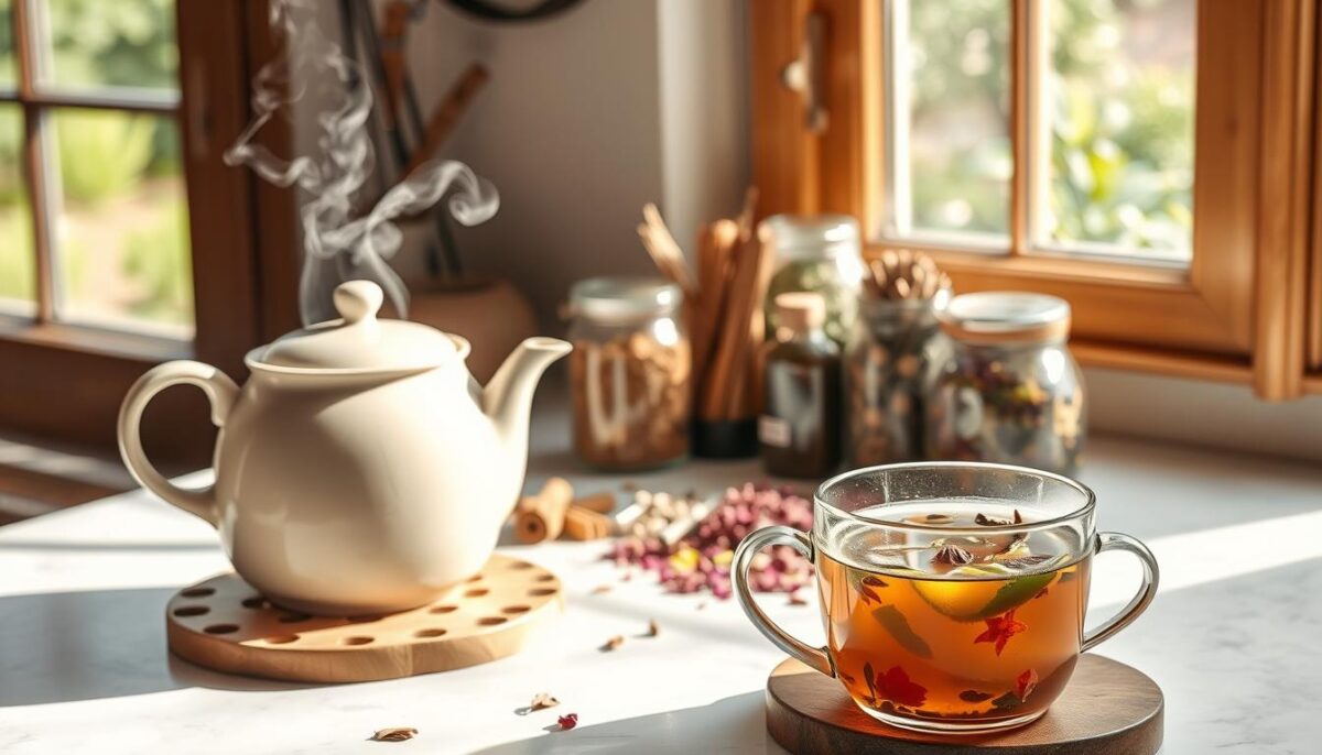 A cozy, well-lit kitchen countertop, showcasing the process of brewing herbal tea. In the foreground, a ceramic teapot sits atop a wooden trivet, steam gently rising from its spout. Beside it, a mug filled with freshly steeped tea, its surface adorned with delicate leaves and petals floating on the surface. In the middle ground, various herbal ingredients like dried flowers, herbs, and spices are neatly arranged in glass jars, their vibrant colors and textures inviting the viewer to explore. The background features a window overlooking a serene garden, allowing natural light to fill the space and create a warm, calming atmosphere. Overall, the scene conveys a sense of mindfulness, comfort, and the simple pleasures of preparing a soothing cup of herbal tea at home.