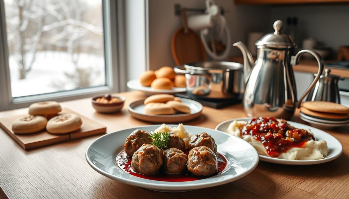 A cozy, well-lit kitchen scene showcasing the quintessential staples of Swedish cuisine. In the foreground, a beautifully presented plate features iconic Swedish meatballs, perfectly browned and accompanied by creamy mashed potatoes, lingonberry jam, and a sprinkle of fresh dill. On the middle counter, a steaming pot of hearty beef stew simmers, its rich aroma filling the air. In the background, a wooden table is set with a traditional Swedish fika spread - delicate cardamom-spiced buns, buttery cookies, and a gleaming silver coffee pot, all framed by a window overlooking a snowy, picturesque Swedish landscape.