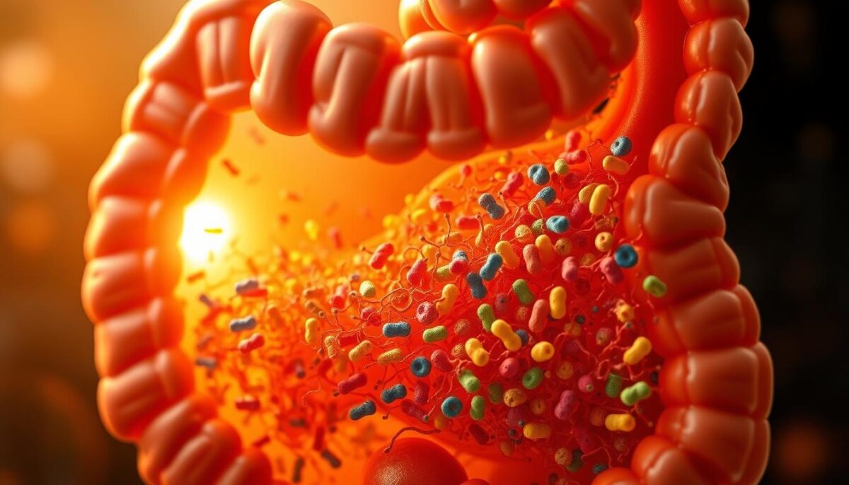 A cross-section of a human gut, magnified to reveal the intricate fermentation process. In the foreground, swarms of colorful bacteria, each uniquely shaped, busily converting complex carbohydrates into beneficial short-chain fatty acids. The middle ground showcases the complex network of intestinal villi, their intricate capillaries absorbing the vital nutrients. In the background, a warm, golden glow illuminates the scene, conveying the energy and vitality of this microbial ecosystem. Crisp, photorealistic details, with a depth of field that draws the viewer's eye through the layers of this remarkable biological process.