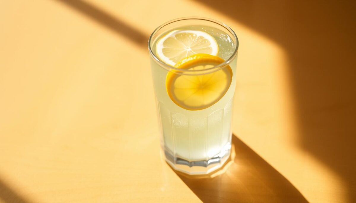 A crystal clear glass filled to the brim with cool, lemon-infused water, its pale yellow hue glistening in the warm, natural lighting. Slices of fresh lemon float atop the surface, their citrus aroma wafting through the air. The glass is placed on a simple, minimalist wooden table, casting a soft, inviting shadow below. The overall composition exudes a sense of refreshment and calm, perfect for soothing nausea and quelling an unsettled stomach.