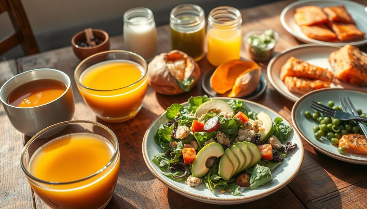A delectable array of restorative digestive recovery foods, elegantly arranged on a rustic wooden table. In the foreground, steaming bowls of nourishing bone broth, soothing ginger tea, and probiotic-rich kefir. The middle ground features a vibrant salad of leafy greens, sliced avocado, and fermented vegetables, drizzled with a light, gut-healing dressing. In the background, a selection of comforting baked sweet potatoes, a jar of soothing chamomile tea, and a plate of easily digestible, protein-rich salmon. The scene is bathed in warm, natural lighting, capturing the restorative essence of these recovery-boosting foods.