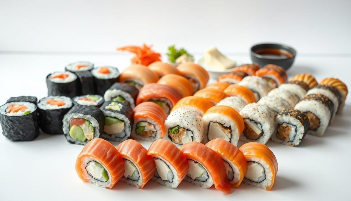 A delectable array of traditional Japanese sushi rolls, showcased in a sleek, minimalist setting. In the foreground, a variety of meticulously crafted rolls, each with its own distinct filling and presentation, from the vibrant tuna and avocado to the creamy Philadelphia and the umami-rich eel. The middle ground features a selection of complementary garnishes, such as sliced ginger, soy sauce, and wasabi, artfully arranged to enhance the sushi experience. The background is a clean, white backdrop, allowing the sushi to be the focal point, captured in natural lighting that highlights the textures and colors of the ingredients. This image conveys the elegance, diversity, and authentic essence of Japanese sushi culture, inviting the viewer to explore the wonders of this culinary art form.