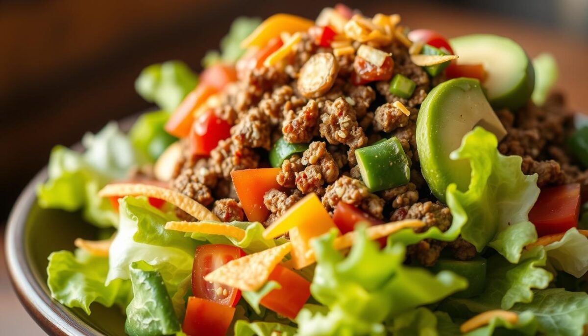 A delectable taco salad nestled atop a bed of crisp romaine lettuce, its vibrant colors and textures creating a visually captivating scene. In the foreground, a generous portion of seasoned ground beef, simmered to perfection, is complemented by a colorful medley of juicy tomatoes, crunchy bell peppers, and creamy avocado slices. Scattered throughout, a sprinkle of shredded cheddar cheese and a smattering of crispy tortilla strips add depth and crunch. The overall composition is illuminated by warm, natural lighting, casting a soft, inviting glow and highlighting the salad's freshness and appeal. The viewer is drawn in, eager to savor this nourishing and flavorful taco-inspired creation.