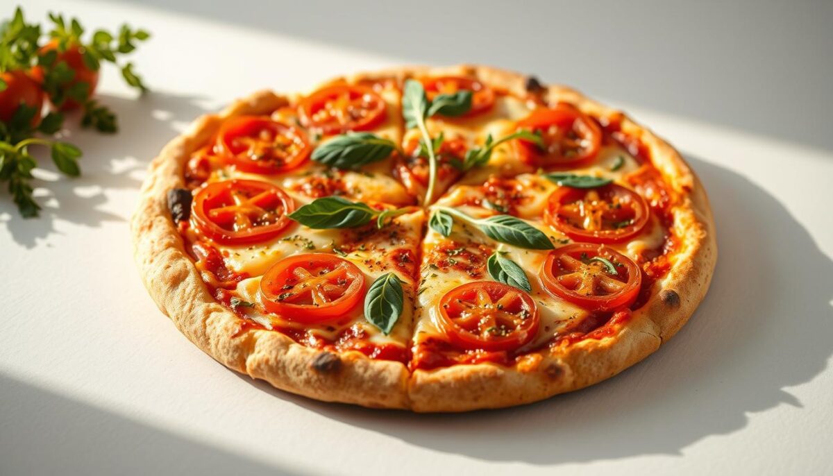 A delectable zucchini crust pizza, fresh from the oven, glistening with melted cheese and dotted with vibrant tomato slices. The crust, a golden-brown masterpiece, bears the subtle texture of shredded zucchini, creating a healthier alternative to traditional dough. Crisp and aromatic oregano leaves flutter atop the pizza, complemented by the rich, savory flavors of the cheese and tomato. Soft lighting casts a warm glow, accentuating the inviting nature of this comforting, yet nutritious, culinary creation. The composition is framed by a clean, minimalist backdrop, allowing the pizza to take center stage and captivate the viewer's senses.