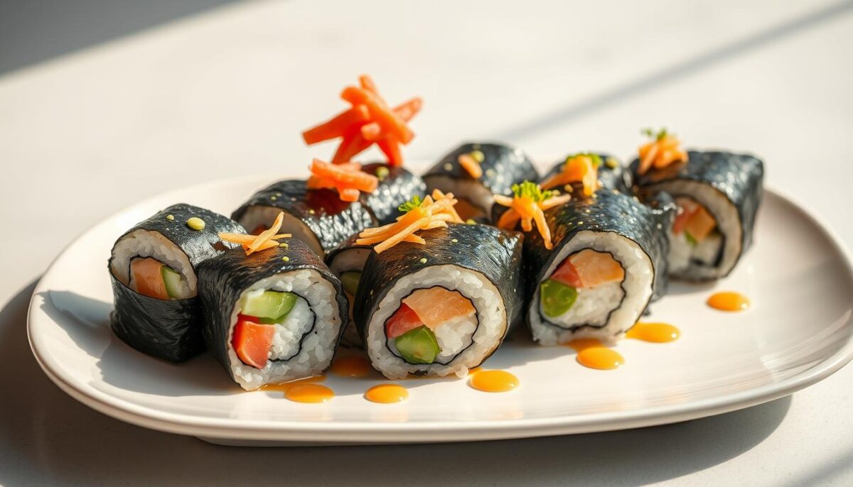 A delicate arrangement of freshly prepared sushi rolls, expertly plated on a sleek, minimalist ceramic dish. The sushi is meticulously presented, with each slice neatly aligned and garnished with vibrant slices of pickled ginger, delicate shreds of nori, and a drizzle of creamy wasabi-infused soy sauce. The lighting is soft and natural, casting a warm glow over the scene, highlighting the shiny, jewel-like texture of the sushi. The background is a simple, uncluttered surface, allowing the sushi to be the focal point. The overall atmosphere is one of refined elegance and attention to detail, showcasing the artistry and care put into the preparation of this traditional Japanese delicacy.