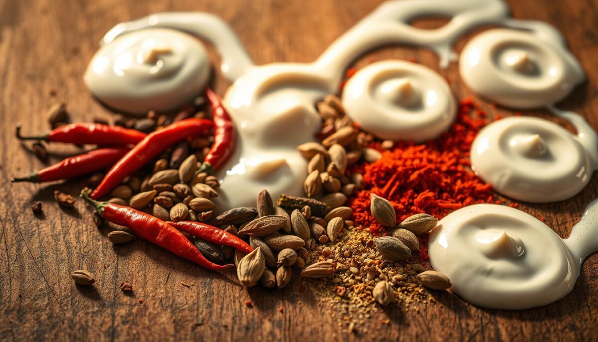A delicate balance of aromatic spices and rich, velvety cream swirling together on a rustic wooden surface. In the foreground, vibrant red chili peppers, cumin seeds, and fragrant cardamom pods create a spice medley. Surrounding them, dollops of thick, creamy yogurt artfully arranged, hinting at the indulgent sauce to come. Soft shadows cast by the overhead lighting accentuate the textures, while a warm, golden glow permeates the scene, conveying the comforting essence of homemade Indian cuisine. This captivating image perfectly captures the harmony of spices and cream that defines the beloved dish of chicken tikka masala.