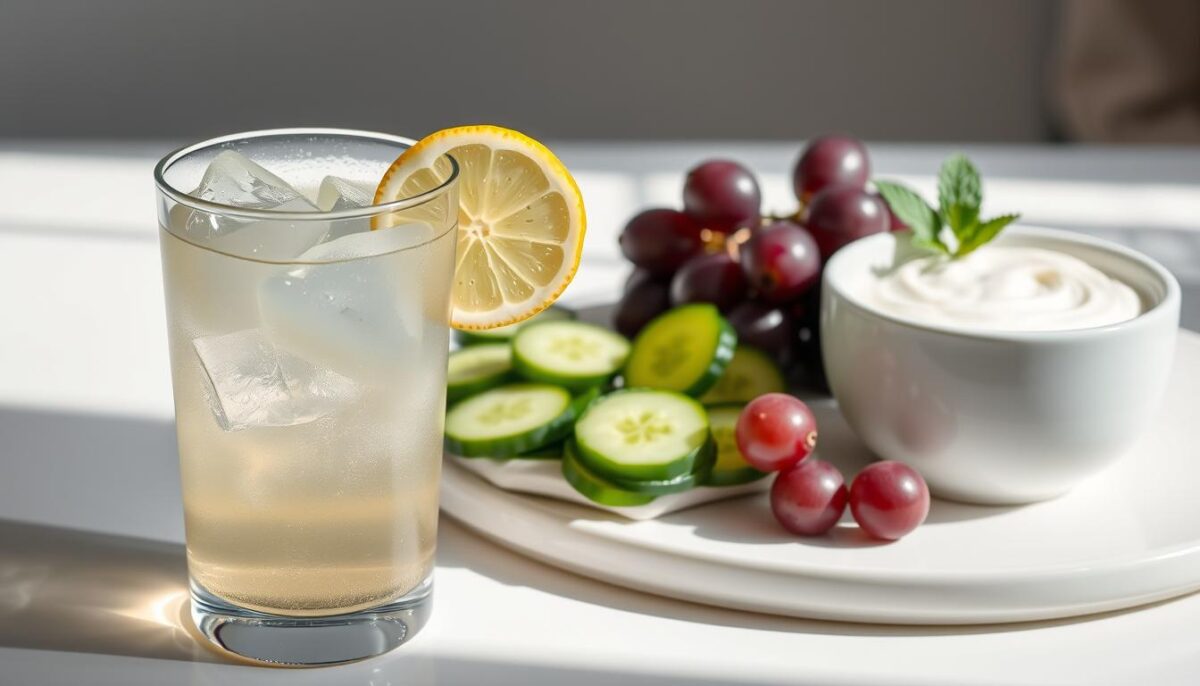 A delicately arranged still life of refreshing cold foods for nausea relief. In the foreground, a glass of icy ginger ale with a slice of lemon and a few ice cubes. In the middle ground, a bowl of chilled cucumber slices and a handful of grapes, their vibrant green and purple hues contrasting against the white ceramic. In the background, a bowl of plain yogurt garnished with a sprig of mint. Soft, diffused natural lighting gently illuminates the scene, creating a soothing, calming atmosphere. The overall mood is one of simplicity, coolness, and gentle nourishment to ease an unsettled stomach.