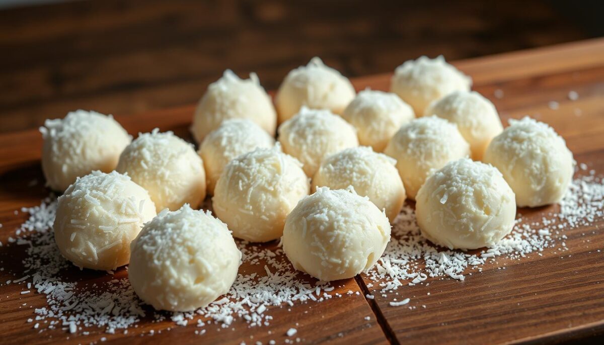 A delightful arrangement of homemade coconut-vanilla treats, artfully displayed on a rustic wooden surface. The creamy, bite-sized confections are dusted with a light coating of shredded coconut, creating a visually appealing contrast. The scene is illuminated by soft, natural lighting that casts a warm, inviting glow, accentuating the treats' alluring texture and subtle vanilla aroma. The overall composition evokes a sense of effortless elegance, perfect for a quick, guilt-free indulgence when time is of the essence.