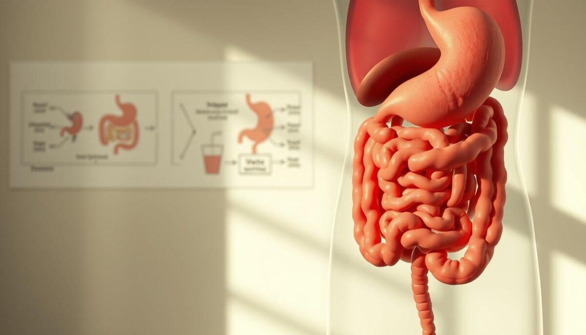 A detailed anatomical illustration showcasing the digestive system's inner workings. In the foreground, a cross-section of the stomach and intestines, highlighting areas of inflammation, irritation, and discomfort. The middle ground features a schematic representation of digestive processes, such as enzyme production, nutrient absorption, and waste elimination. In the background, a softly-lit, muted color palette evokes a sense of introspection and understanding. The lighting is natural and diffused, casting subtle shadows that accentuate the system's complexity. The overall composition conveys a sense of educational clarity, inviting the viewer to gain a deeper appreciation for the delicate balance of a healthy digestive system.