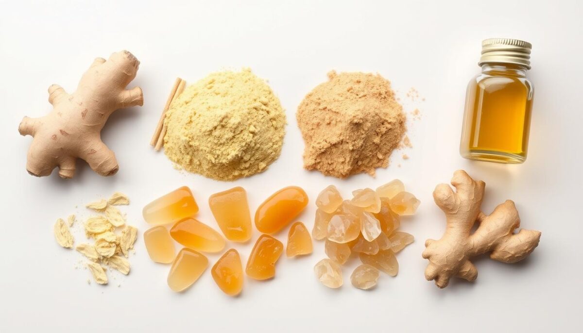 A detailed comparison of various ginger forms, including fresh ginger root, ginger powder, ginger extract, and crystallized ginger, arranged in an organized layout. The ginger samples are presented against a clean, neutral background with soft, diffused lighting to accentuate their natural colors and textures. The composition emphasizes the visual differences in size, shape, and color between the ginger varieties, allowing the viewer to easily distinguish and understand the unique properties of each form. An educational, informative, and visually appealing image that complements the "Different Ginger Forms and How to Use Them" section of the article.